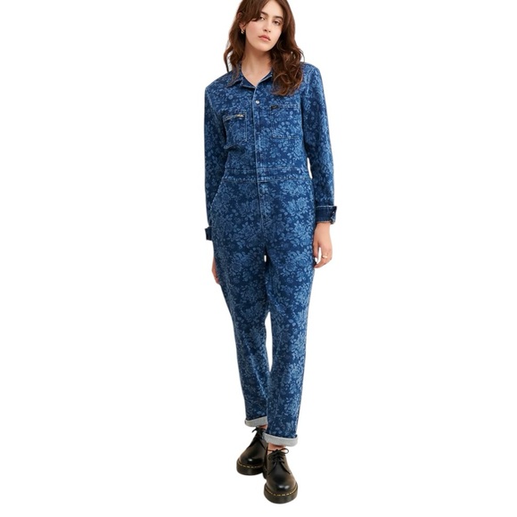 Free people denim jumpsuit boiler suit floral blue New XS overalls - Picture 2 of 16